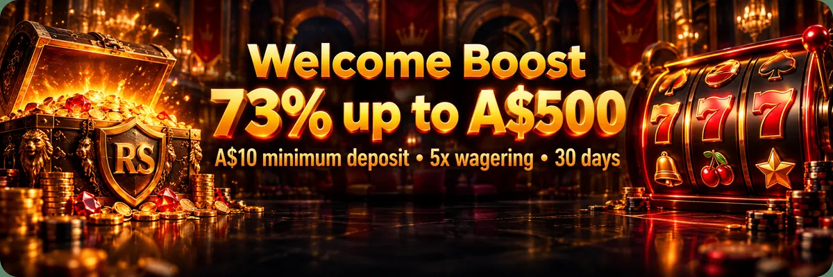 Dark Roospin casino banner with a glowing RS shield, polished slot reels and an orange-red treasure chest beside a 73% up to A$500 welcome offer.