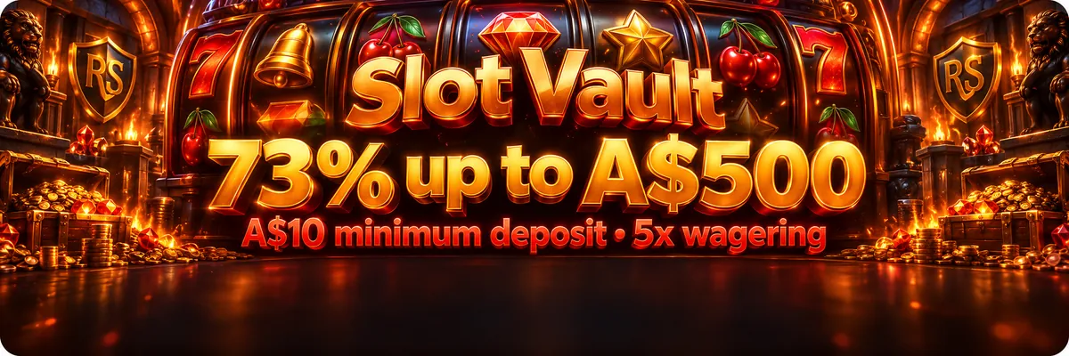 Roospin slot banner showing glossy reels, glowing casino symbols and the RS shield against a deep orange-red atmospheric background.